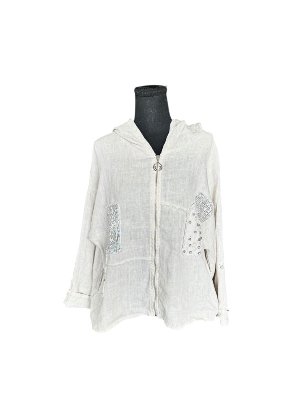 Italian Linen Zip Hoodie Jacket Boho Lagenlook Coastal Grandma OS Q456